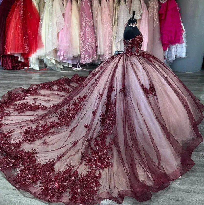 women's suit sets with linen blendsBurgundy Princess Luxury Quinceanera Dresses Beaded Floral Applique Boning Corset vestidos para 15 años Sweet 16 Chapel Train