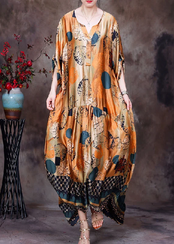 Sack dresses for womenStyle Yellow O-Neck Wrinkled Print Silk Women's Long Dress Half Sleeve