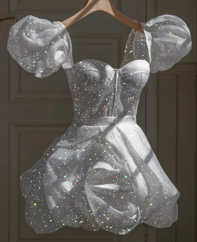 Statement dresses for making a fashion statementGlitter Sparkle White Homecoming Dress,Retro White 22th Birthday Outfit Dress Y4081