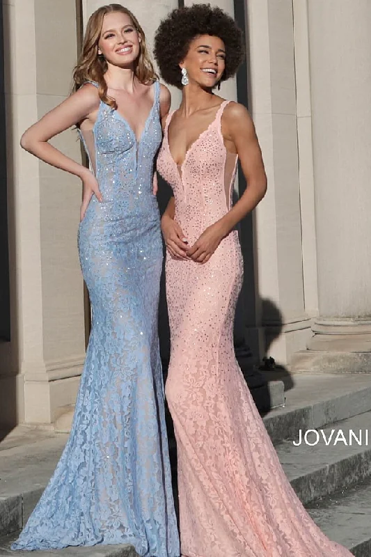 Peplum dresses for womenJovani 48994 Size 10 Peach embellished stretch lace prom dress pageant gown
