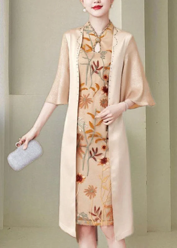 Sack dresses for womenWomen Apricot Stand Collar Zircon Silk Bodycon Dress Butterfly Sleeve