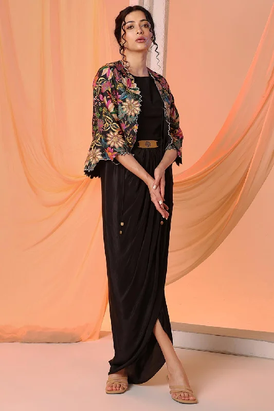 women's suit sets with cinched waistsBlack Aarani Embellished Dress & Jacket Set