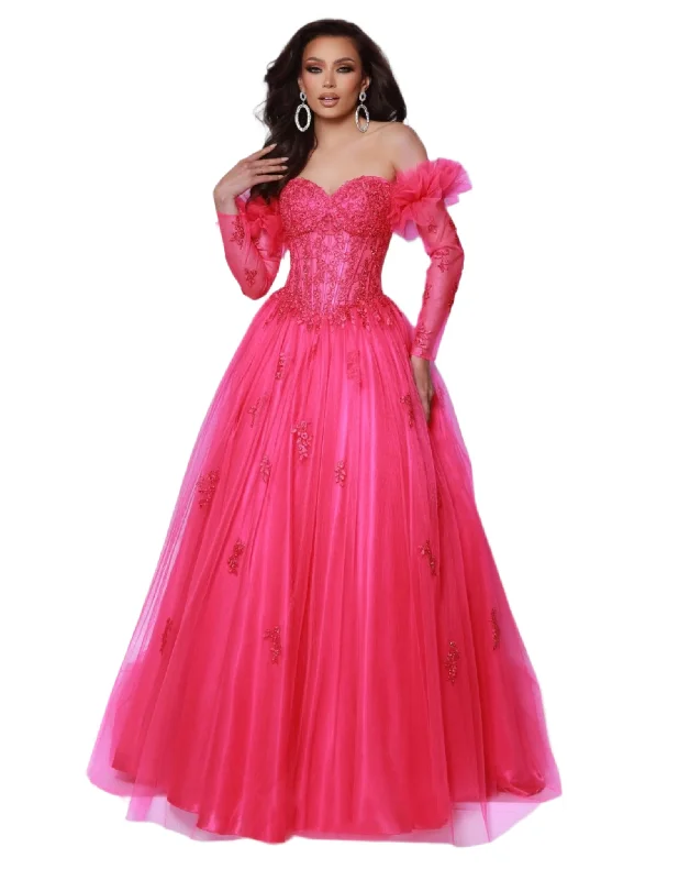Limited edition dresses for collectorsJohnathan Kayne 3019 Size 6 Hot Pink Sheer Corset Prom Dress Lace Sleeves pleated Ballgown Strapless