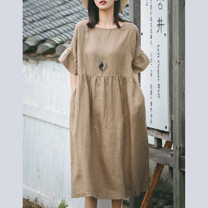 Bodycon dresses for womenvintage khaki long linen dress plus size O neck baggy dresses linen clothing dress boutique Butterfly Sleeve dresses