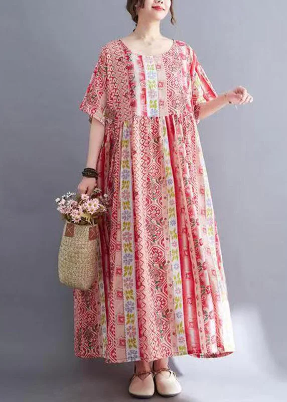 Statement dresses for making a fashion statementWomen Red Print Wrinkled Long Dresses Short Sleeve