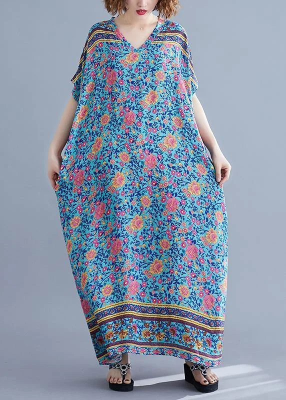 Wrap dresses for womenVivid blue print Long v neck batwing sleeve Art summer Dress