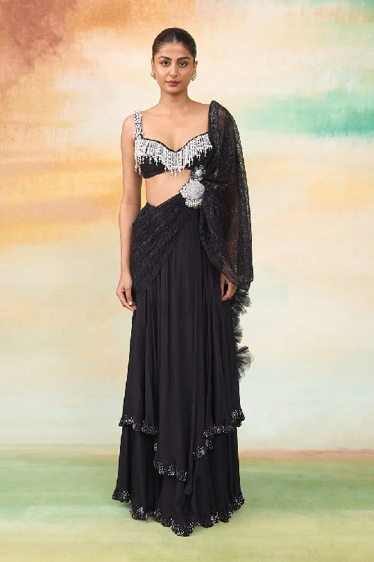 women's suit sets with ventless backsBlack Carlotte Embroidered Pre-Draped Saree Set