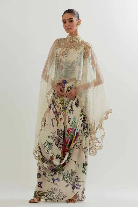 women's suit sets with wrinkle-resistant fabricsEmbroidered Organza Cape & Printed Drape Dress Set