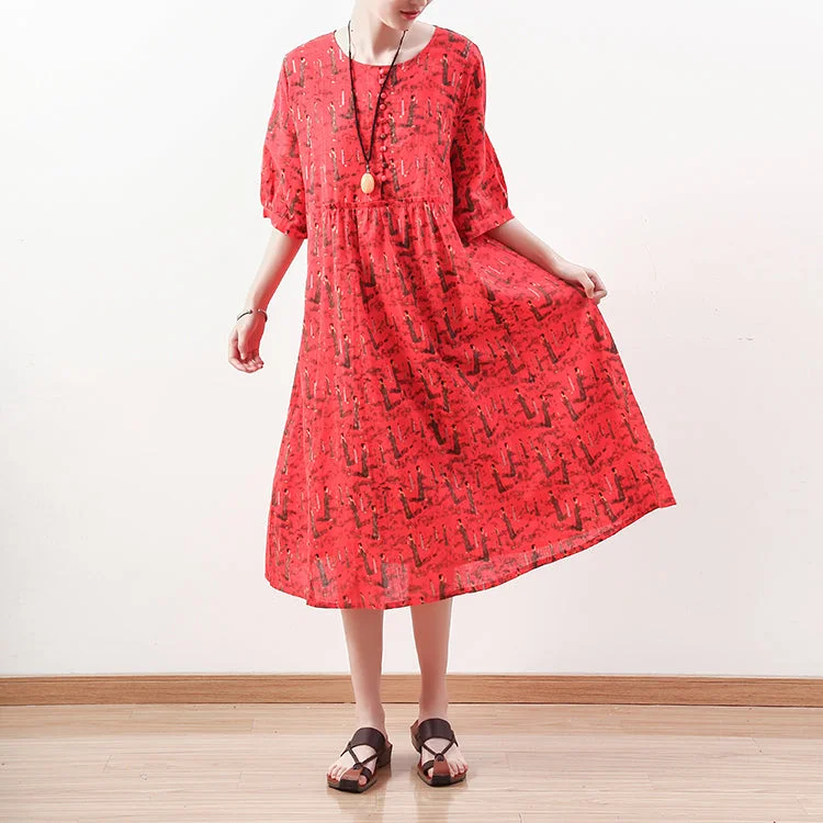 Long flowy dresses for womenfashion red prints long linen dress casual half sleeve linen clothing dresses women o neck kaftans