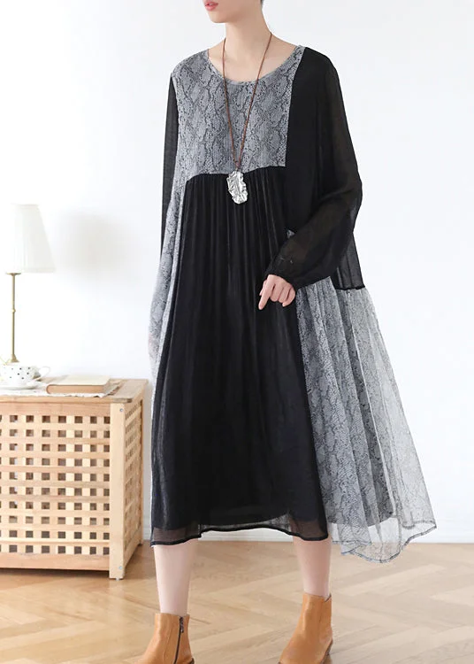 Evening women's dressesDark Grey Loose Chiffon Long Dress Wrinkled Asymmetrical Long Sleeve