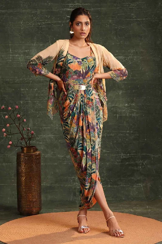 women's suit sets with glossy finishesBeige Kaira Printed Drape Dress & Jacket Set