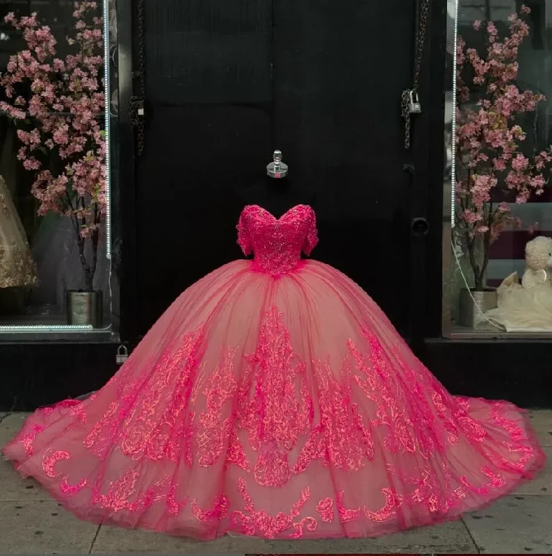 women's tailored suit setsFuchsia Pink Sparkly Princess Quinceanera Dresses Off Shoulder Gillter Applique Floral Corset