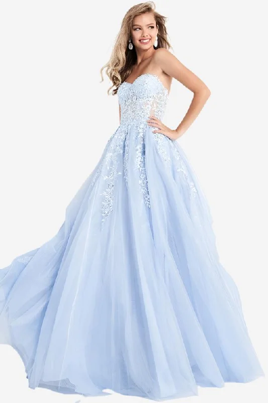 V-neck dresses for womenJovani 00915 Long Ball Gown Prom Dress Sheer Lace Bodice Strapless