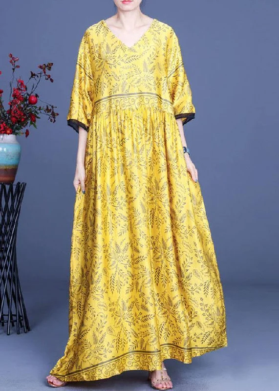 Maxi dresses for womenArt Yellow Print Silk Loose Long Dresses Summer