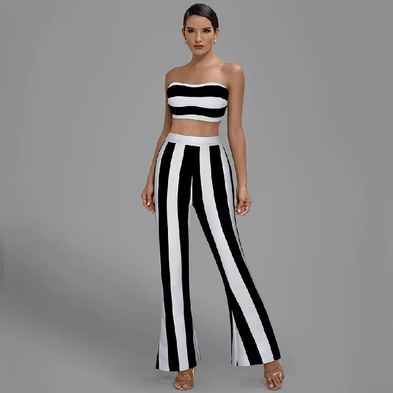 women's suit sets with slim fitsStrapless Sleeveless Striped Bandage Set PP21424