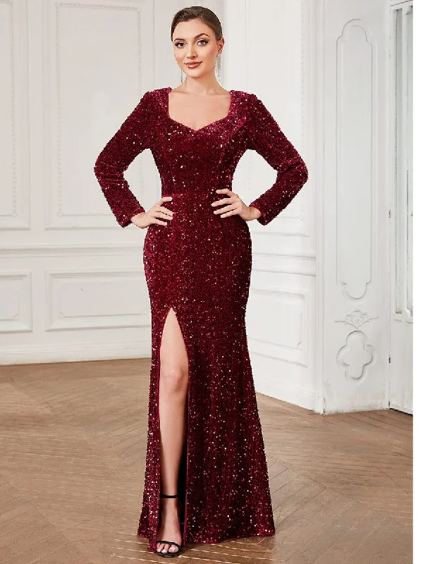 Sheath dresses for womenSequin Long Sleeve Sweetheart Bodycon Front Slit Evening Dress