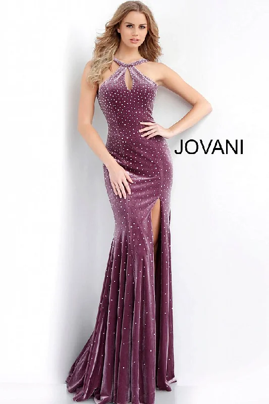 Denim dresses for womenJovani 63935 Size 0 Mauve Velvet crystal Keyhole neck Prom Dress Pageant Gown Slit