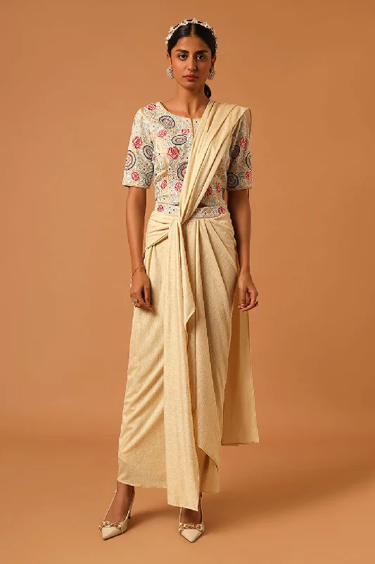 women's suit sets with single-breasted jacketsCream Embroidered Pre-Draped Saree Set