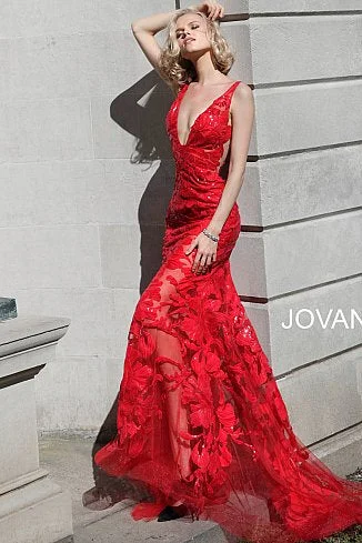 Flowy dresses for womenJovani 60283 size 10 Red sequin floral Lace sheer prom dress Sexy formal gown