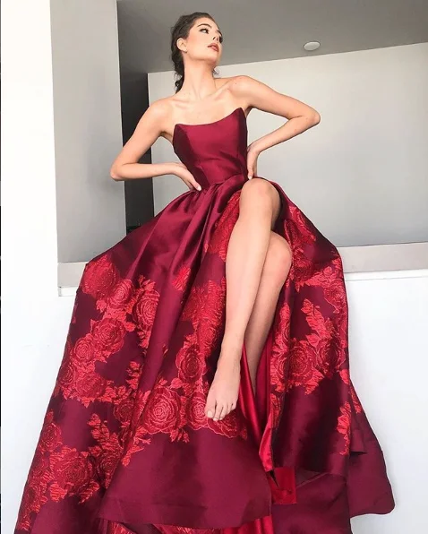 Batwing sleeve dresses for womenJovani 02038 Floral Ballgown Long Print Prom Dress Slit Strapless Designer V Points Neckline
