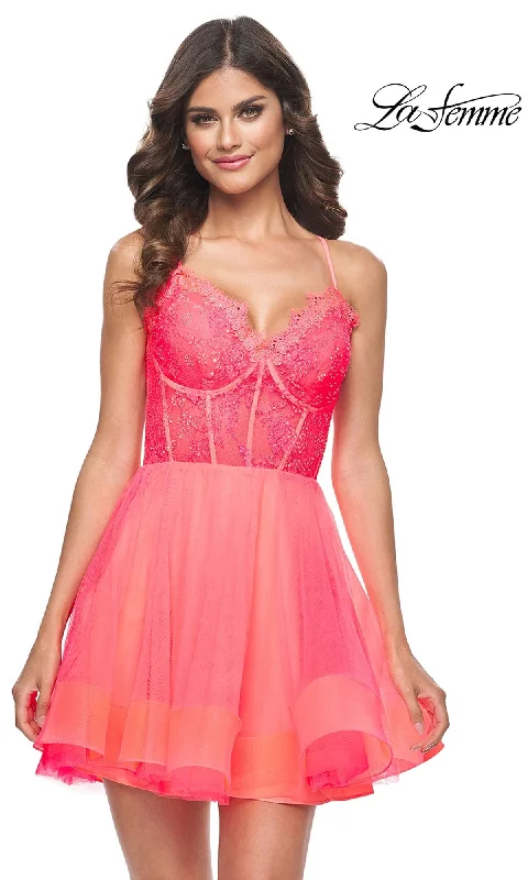 Ruched dresses for womenLa Femme Hot Coral A-Line Homecoming Dress 31469