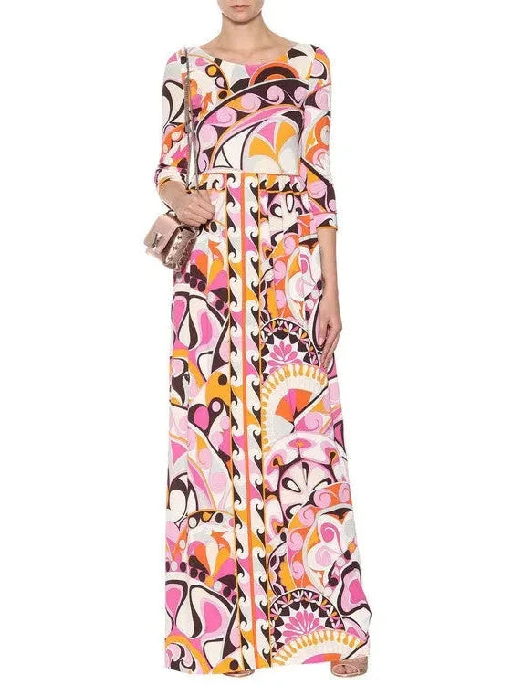 Sustainable dresses for eco-conscious womenPrinted Abstract Long Jersey Silk Dress in Multicolor