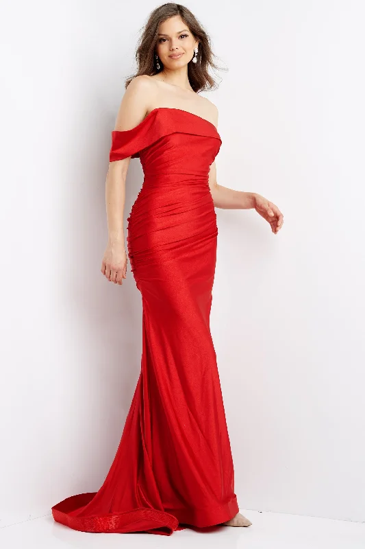 High-slit dresses for womenJovani 07640 One Shoulder Fitted Stretch Prom Dress with Ruching and Train