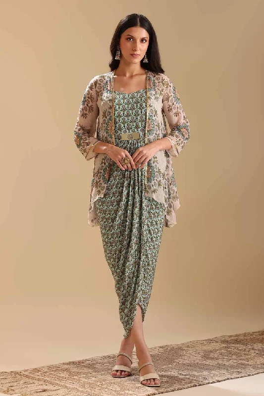 women's suit sets with matte finishesGreen Eraya Embellished Drape Dress & Jacket Set
