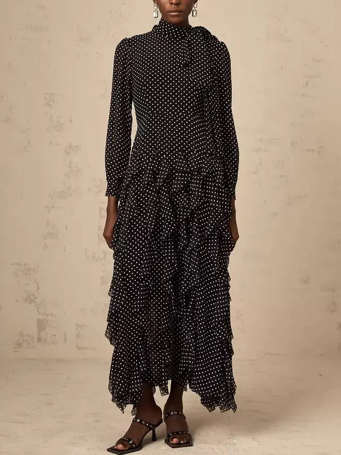 Motherhood dresses for pregnant womenLong Black Ruffled Polka-Dot Tie-Neck Dress