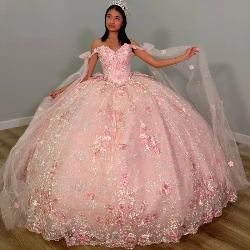 casual women's wear setsPink Sparkly Crystal Appliques 3DFlower Quinceanera Dresses Ball Gown Sleeveless Beading Ruffles Corset For Sweet 15 Girls
