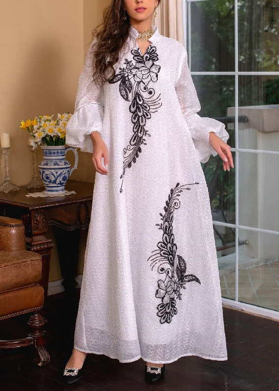 Evening women's dressesLoose White Embroidered Tie Waist Long Dresses Puff Sleeve