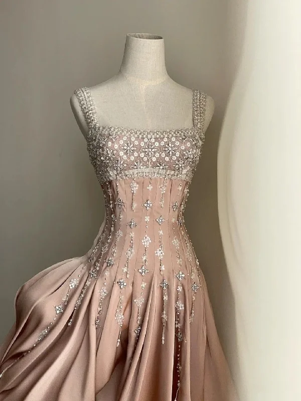 High-neck dresses for womenLuxury nude satin hand-beaded diamond homecoming dress Y4542