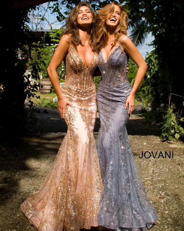 Ruched dresses for womenJovani 3675 Long Prom Dress Sheer Corset Shimmer Mermaid Pageant Gown