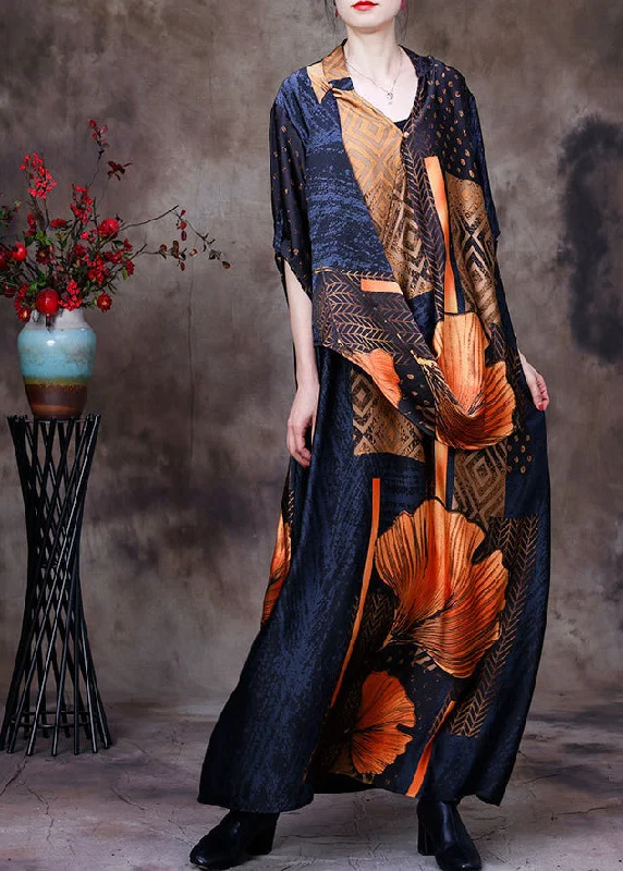 Petite dresses for womenFashion Yellow V Neck Asymmetrical Patchwork 2025 Silk Long Dress Half Sleeve
