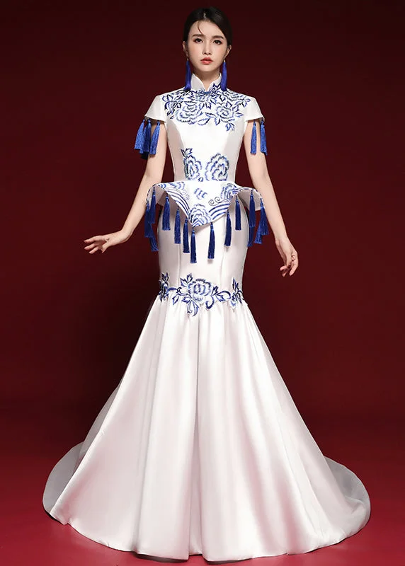 Designer dresses for high-end fashionElegant Blue And White Porcelain Tassel Embroidered Long Dress Short Sleeves