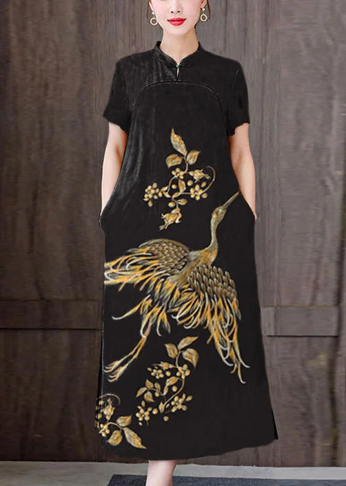 Winter dresses for cold weatherFitted black phoenix Mandarin Collar Print Pockets Silk Long Dresses Short Sleeve