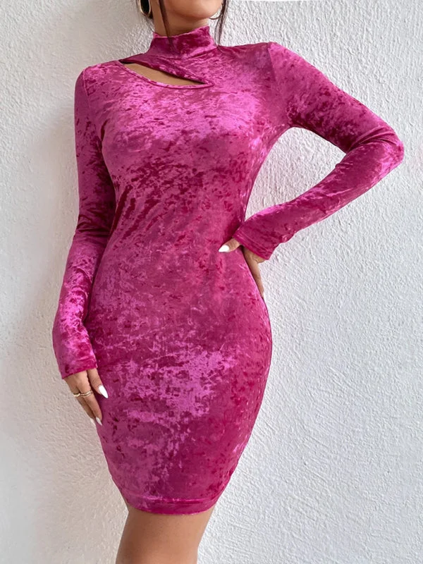 Motherhood dresses for pregnant womenWomen's High Neck Fitted Velvet Bodycon Dress With Side Neck Cutout