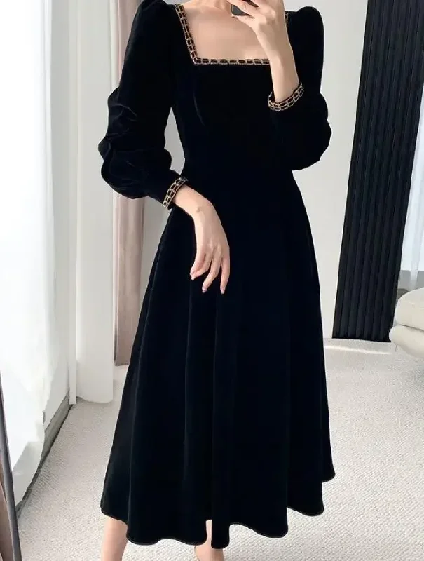 Low-cut dresses for womenVelvet Dress Women Long Sleeve Square Neck Elegant Bodycon Patchwork Fashion Evening Dress Y6744