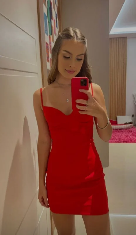 Spaghetti strap dresses for womenCute Red Spaghetti Straps Bodycon Dress,Red Homecoming Dress Y7166