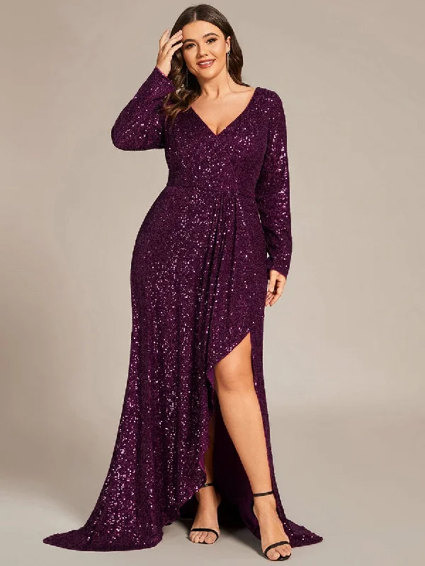Tight-fitting dresses for womenCustom Size Sequin Long Sleeve V-Neck High Slit Bodycon Evening Dress