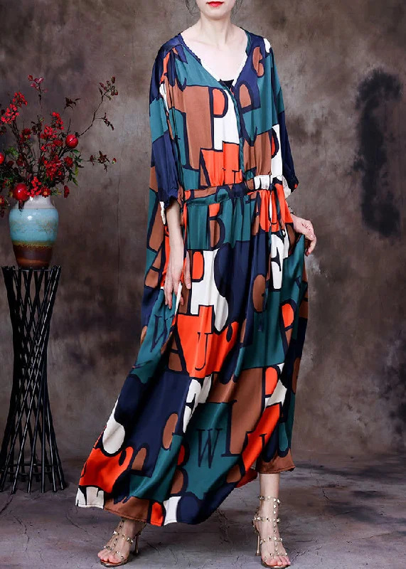 Little white dresses (LWDs) for womenCasual Colorblock V Neck Drawstring Letter Print Chiffon Long Dresses Summer