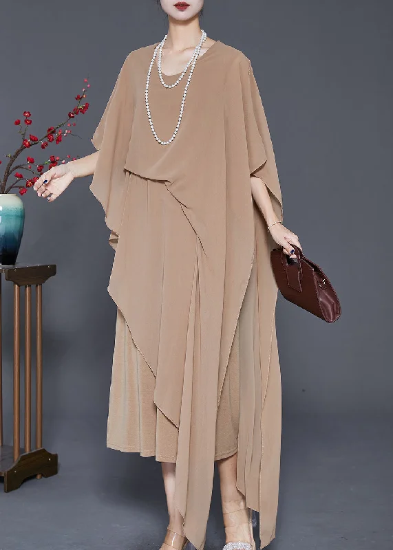 Custom-made dresses for personalized fitsBoutique Khaki Asymmetrical Chiffon Long Dresses Cloak Sleeves