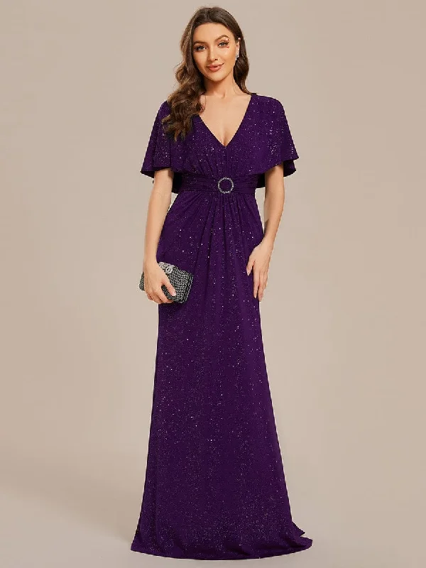 Maxi dresses for womenSusan | Glittery V-Neck Pleated Bat-Wing Sleeve Bodycon Waist-Cinching Evening Dress