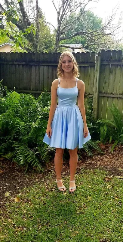 Transitional dresses for in-between seasonsBlue A-line Satin Homecoming Dress,8th Graduation Dress Y4040