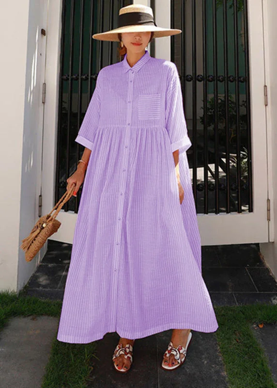 Patterned dresses for womenBohemian Blue Peter Pan Collar Striped Button Pockets Wrinkled Long Dresses Half Sleeve
