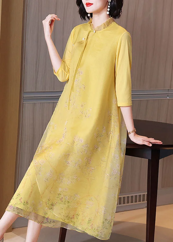Denim dresses for womenChinese Style Yellow Ruffled Button Print Long Dress Half Sleeve