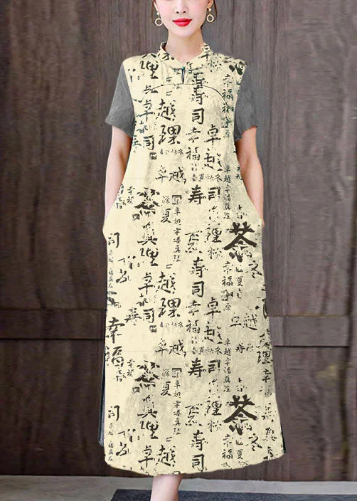 Gym wear dresses for athletic activitiesFitted yellow letters Mandarin Collar Print Pockets Silk Long Dresses Short Sleeve