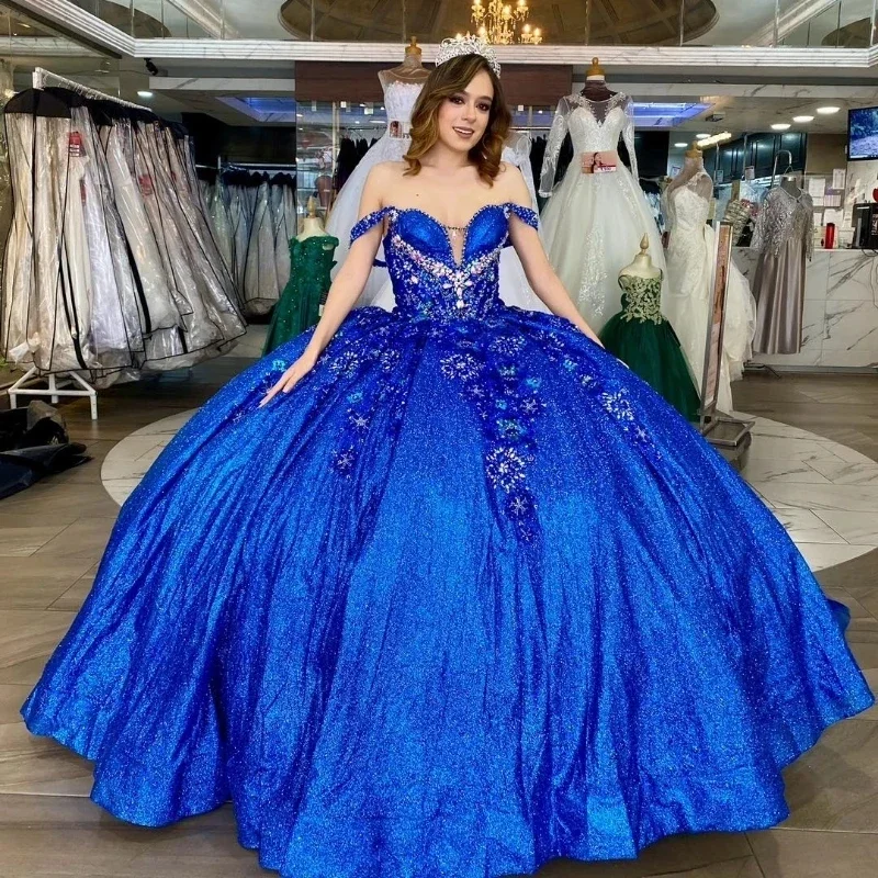women's suit sets with pleated skirtsBlue Glitter Crystal Sequined Ball Gown Quinceanera Dresses Off The Shoulder Applique Lace Beading Corset Vestidos De 15 Anos 20