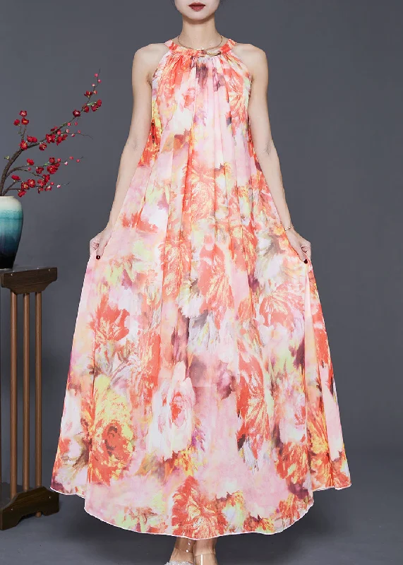 Beach dresses for casual outingsFitted Orange Cold Shoulder Print Chiffon Long Dress Summer