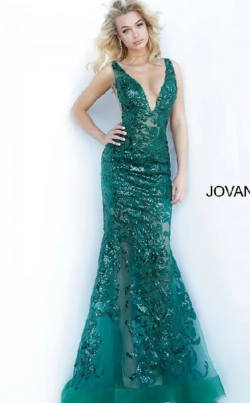 Round-neck dresses for womenJovani 60283 Long Floral Sheer Sequin Formal Evening Prom Dress V Neck Gown